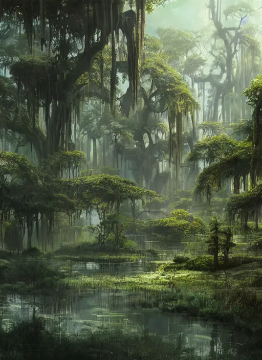 Image similar to a digital painting of a swampy area with trees, a detailed matte painting by stephan martiniere, cgsociety, fantasy art, matte painting, concept art, fractalism