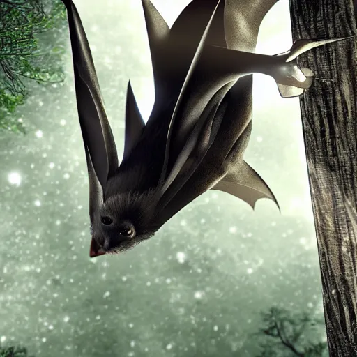 Image similar to a bat, hanging upside down from a tree ， digital art. unreal engine.