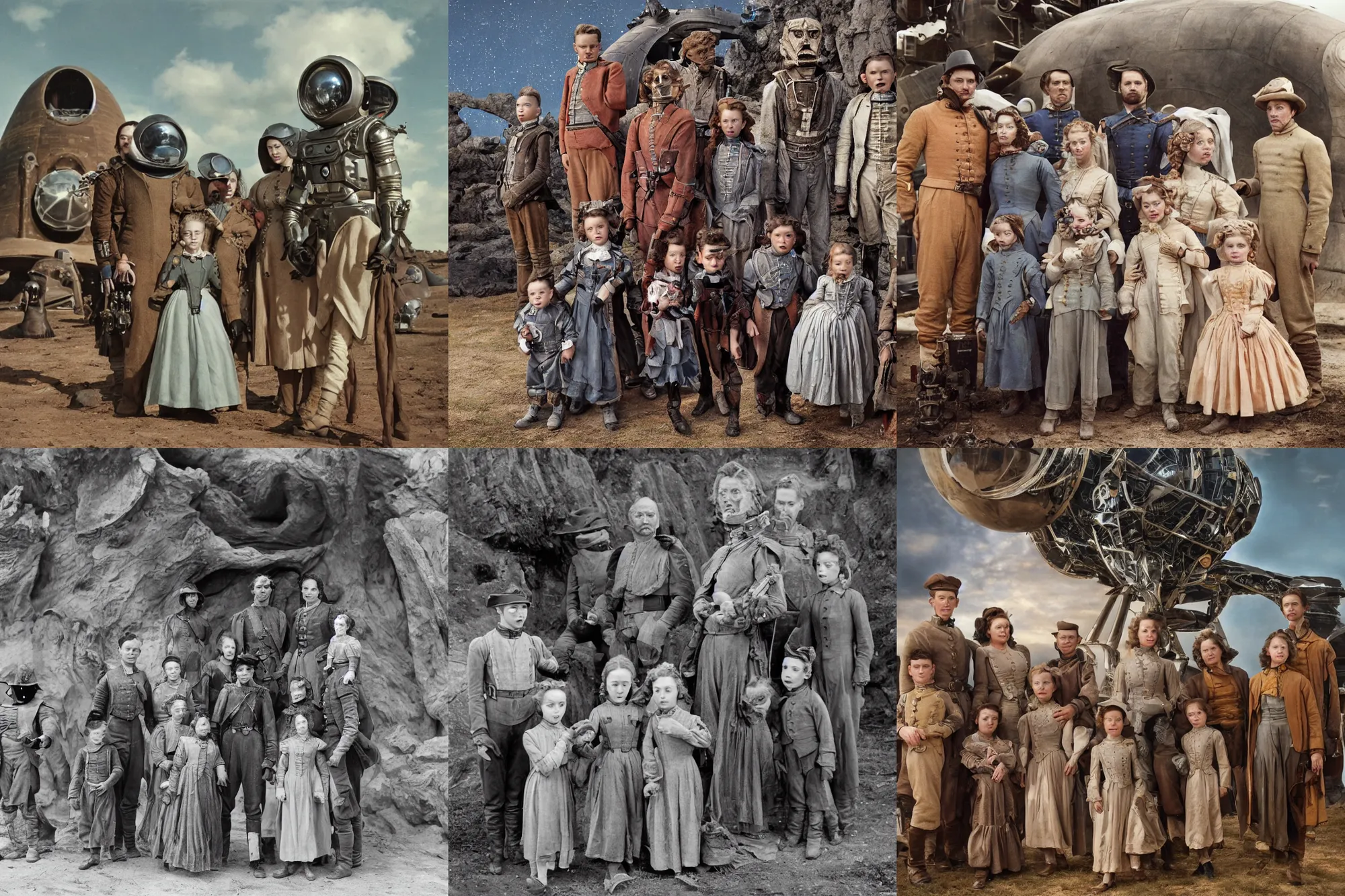 Prompt: highly detailed, 16194304k film still from a sci fi blockbuster color movie made in 2019, set in 1860, of a family standing in front of a spaceship that has just landed on an alien planet, a humanoid alien creature stands nearby, the family are all wearing 1860s era clothes, good lighting, good photography, ultra high definition