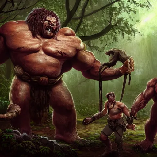 Image similar to giant ettin with two heads, ettin from dungeons and dragons, dnd in a dark forest, digital art, high quality render, artstation, 8 k, photograph quality, ultrahd