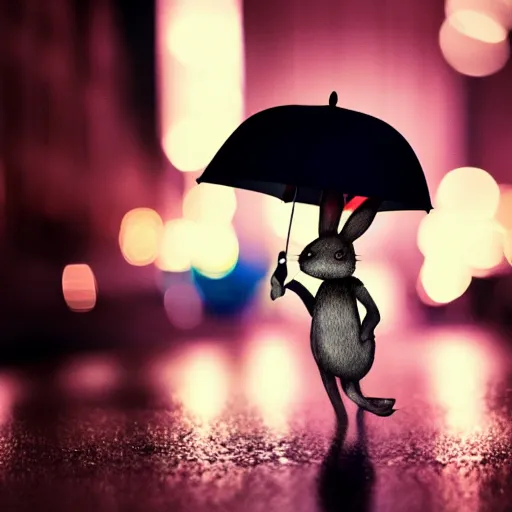 Prompt: portrait of an humanoid detective rabbit holding an umbrella, rainy night, city lights, sharp, focused photo