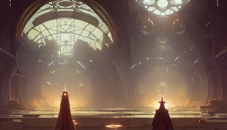 Image similar to a religious scifi room with a floating platform in the center, intricate digital painting artstation concept art smooth sharp focus illustration, art by artgerm and greg rutkowski and alphonse mucha