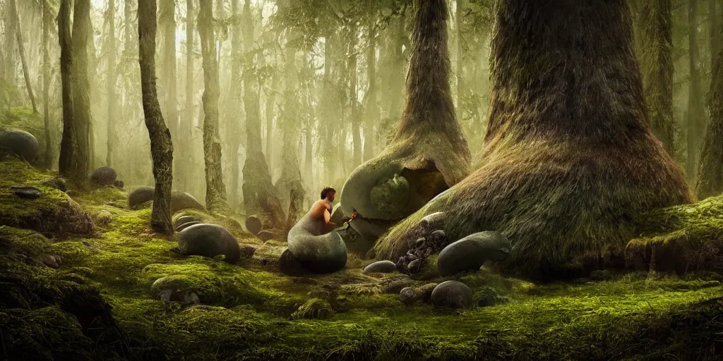 Image similar to Photo by Filip Hodas of the cinematic view of the Forest of the Giants, a troll is eating a giant mushroom, photorealism, photo taken with canon 5D