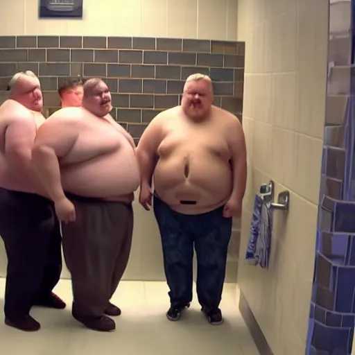 Image similar to five obese minnesotan men fighting to get into a small bathroom stall