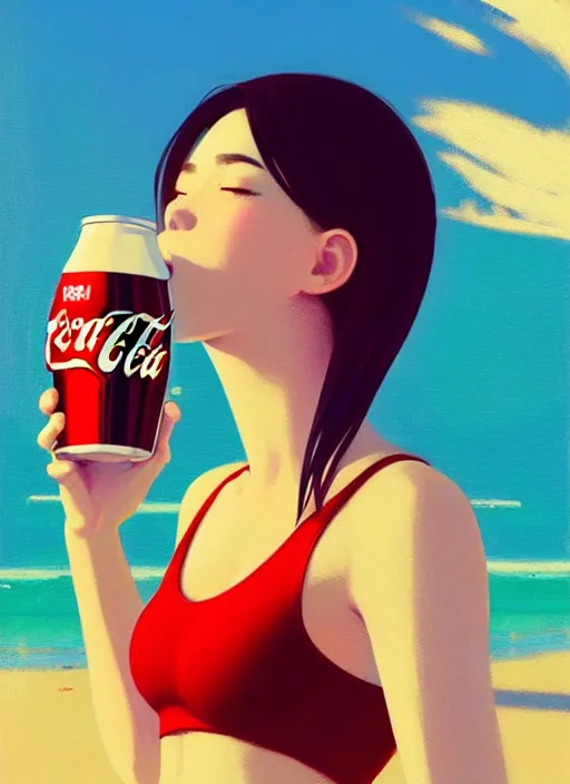 Image similar to full body picture of a girl drinking a coke, highly detailed face, very thirsty, dripping on the body, sharp focus, shiny day beach, extremely beautiful and cute and aesthetic face and body, specular reflection, occlusion shadow, trending on artstation, epic light novel cover art, art by ilya kuvshinov and sakimichan and jeremy lipking