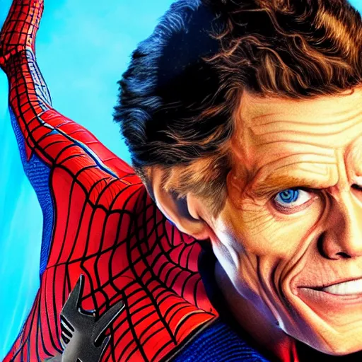 Image similar to william dafoe as spider man, detailed, colorful,