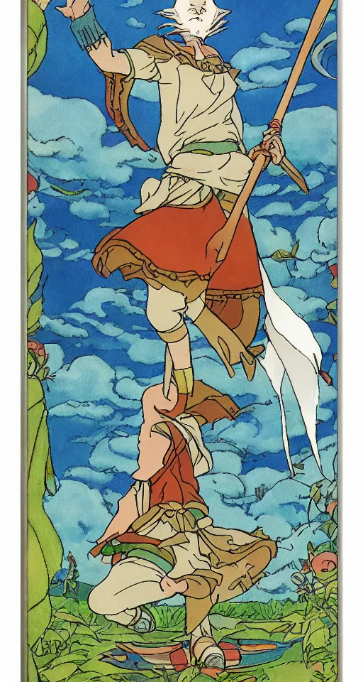 Prompt: the fool tarot card as drawn by studio ghibli, whole card, white frame, concept art