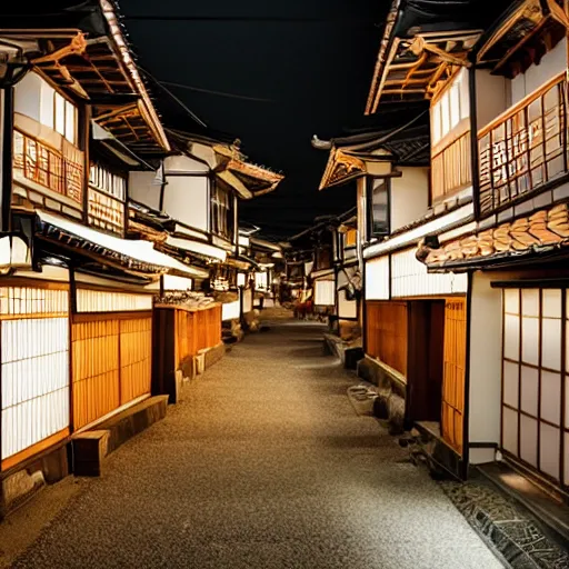 Image similar to a cozy Japanese village at night with bustling people