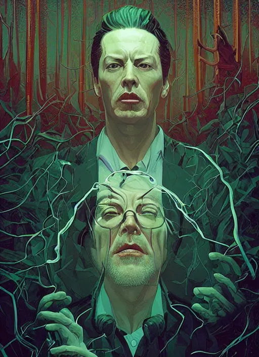 Image similar to poster artwork by Michael Whelan and Tomer Hanuka, Karol Bak of Alan Watts, from scene from Twin Peaks, clean