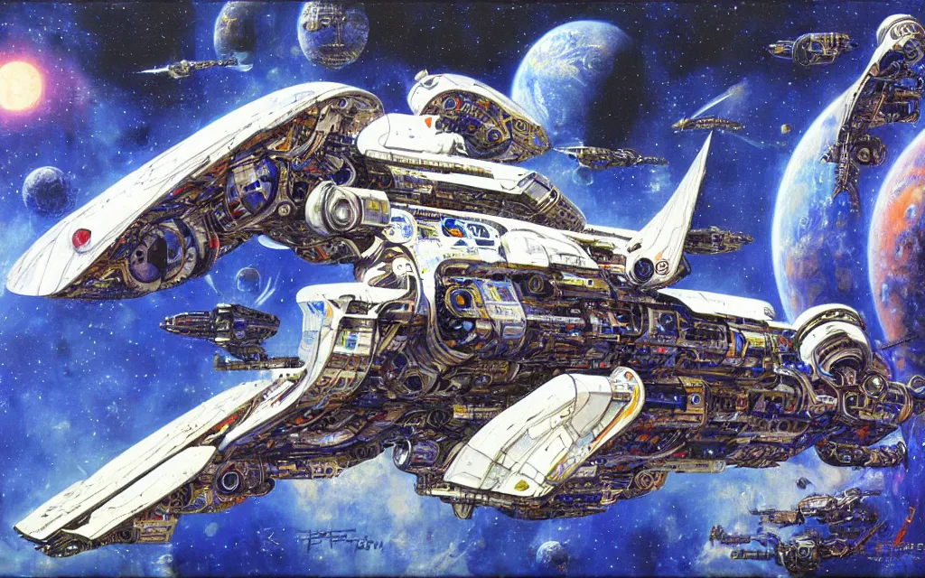 Prompt: futurist cyborg spaceship, perfect future, award winning art by alan bean, sharp color palette