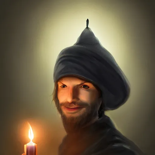 Prompt: a male adventurer wearing a black night cap with a puffball, holding a candle, portrait, d & d, science fiction, concept art, matte, sharp focus, illustration, concept art, jason chan, dan luvisi, karl thiart, uhd, 4 k, very detailed