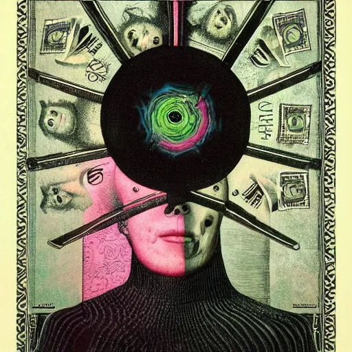 Image similar to post - punk new age album cover, asymmetrical design, dollar bank notes, capitalism, magic, apocalypse, psychedelic, black white pink, magic, giger h. r., giuseppe arcimboldo