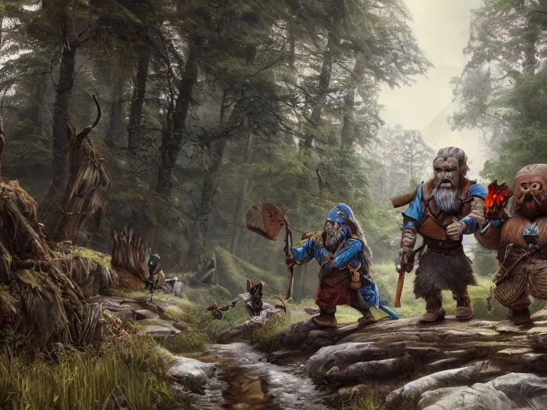 Image similar to Heroic Dwarf woodsmen treading forest with their Companion Raven, RPG Scene, Oil Painting, Trending on Artstation, octane render, Insanely Detailed, 8k, HD