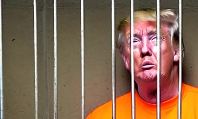 Image similar to full shot of donald trump wearing an orange jump suit, crying in a dirty jail cell in guantanamo, photograph, realistic, dramatic lighting