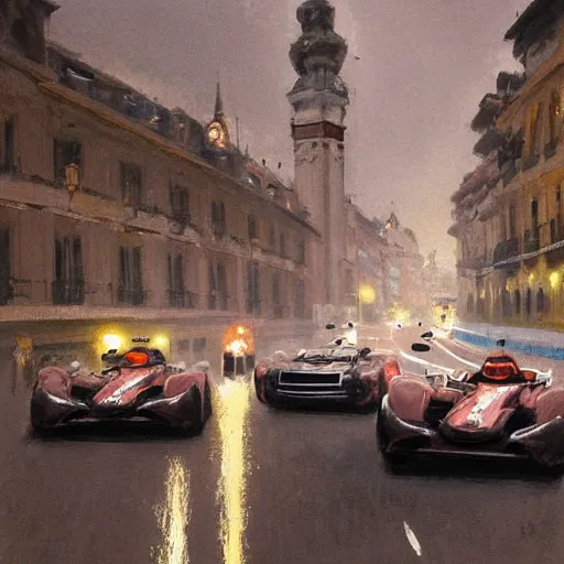 Image similar to a beautiful picture of a car race in the streets of monaco by greg rutkowski and theophile - alexandre steinlen trending on artstation