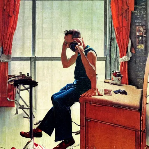 Prompt: Norman Rockwell painting of a talking on the phone, smiling