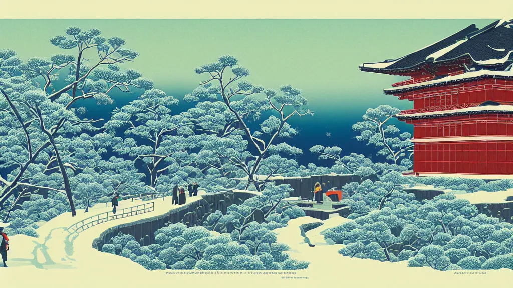 Image similar to A winter in hell, flat design, screen print by Kawase Hasui and dan hillier, 8k unreal engine