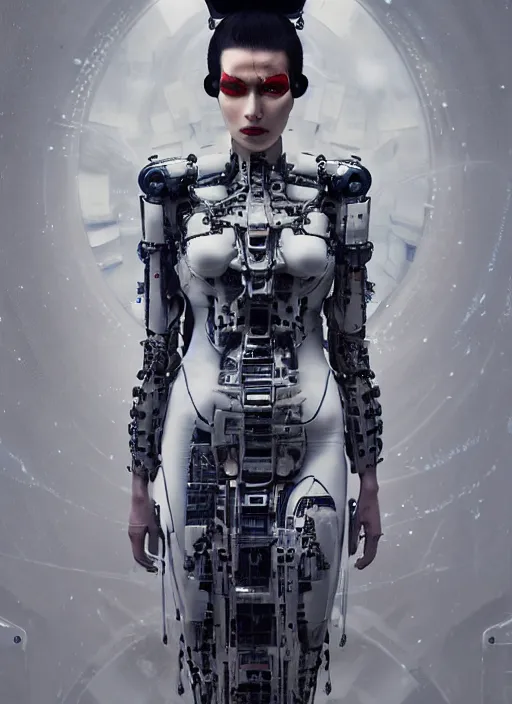 Prompt: portrait of a futuristic geisha cyborg walking in a digital storm with lens flairs, in the style of ghost in the shell, kintsugi, modern fine art, fractal, intricate, elegant, highly detailed, digital photography, subsurface scattering, by erwin olaf and greg rutkowski,