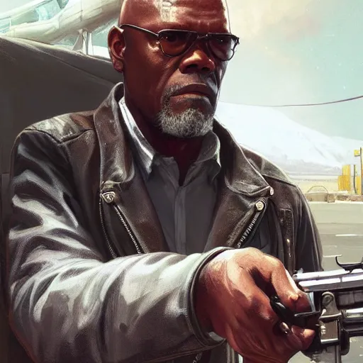 Image similar to Samuel L. Jackson as a loading screen in grand theft auto 5, intricate, highly detailed, digital painting, artstation, concept art, sharp focus, illustration, art by greg rutkowski and alphonse mucha