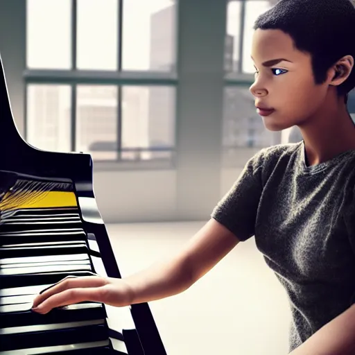 Image similar to a cyborg playing the piano in a futuristic apartment, award winning art, 4k, highly detailed, sharp focus, cinematic lighting, smooth