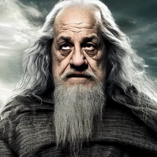 Image similar to danny devito starring as gandalf the white in the 2 0 2 4 lord of the rings movie, full body, hyper realistic, high quality, wide angle