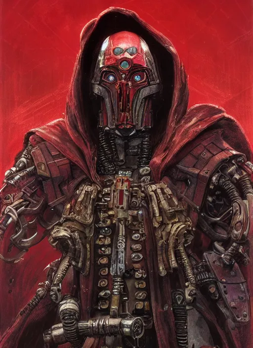 Image similar to portrait of rotten Nicolas Cage as adeptus mechanicus in red hood and robe from Warhammer 40000. Highly detailed, artstation, illustration by and John Blanche and zdislav beksinski and wayne barlowe