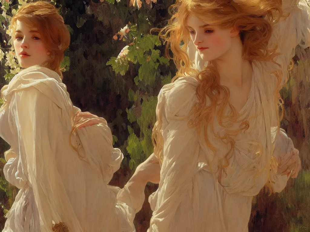 Prompt: painted portrait of a shy wife blessed by god with ever - increasing intelligence beauty virtue and curves. blonde, holy body dressed modestly, light effect. feminine, powerful, in clothes! intricate, elegant, highly detailed, digital painting, artstation, concept art, smooth, sharp focus, illustration, art by gaston bussiere and alphonse mucha