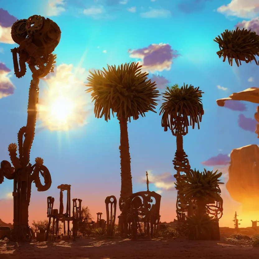 Prompt: photorealistic desert town. sunset. steampunk skeleton. palm trees. clay. clay pots. blue water. pastel clouds. lens flare. 8K. detailed. photorealism. artstation. 25mm f/1.7 ASPH Lens. ultra realistic