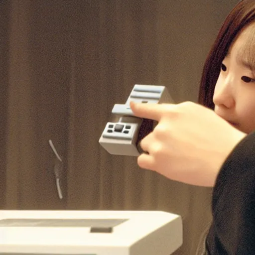 Image similar to a still of HoYeon Jung playing with a NES controller, in the movie Minority Report (2002), highly detailed and intricate, cinematic lighting, 4k HDR