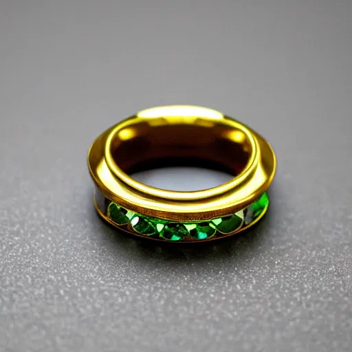 Prompt: Band of Spellbinding, a golden ring adorned with green uranium gems and silver lines.