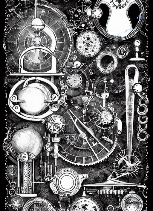 Image similar to black and white boho mystical scientific illustration of some mysterious and arcane steampunk items. composition, fine lines, very high details