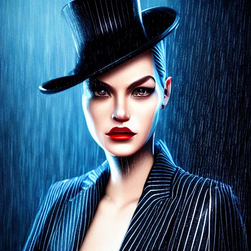 Image similar to stylish woman cartoon portrait made out of rain, pinstripe suit, top hat, cyberpunk background, rendered in octane, unreal engine, highly detailed, trending on artstation, realistic, neon, beautiful