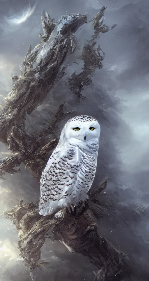 Image similar to painting of beautiful snowy owl, fantasy, hyperdetailed, intricate, by charlie bowater, 8k, octane render, trending on artstation