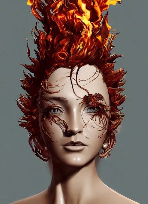 Image similar to sculpture made of flame, portrait, female, future, torch, fire, harper's bazaar, vogue, fashion magazine, intricate, concept art, close up, ornate, luxury, elite, elegant, trending on artstation, by ruan jia, by Kenneth Willardt, by ross tran, by WLOP, by Andrei Riabovitchev,