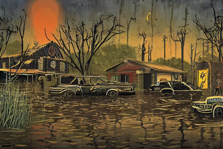 Image similar to scene from louisiana swamps, voodoo cult, old protestant church with neon satanic pentagram, junkyard by the road, boy scout troop, voodoo artwork by tim eitel