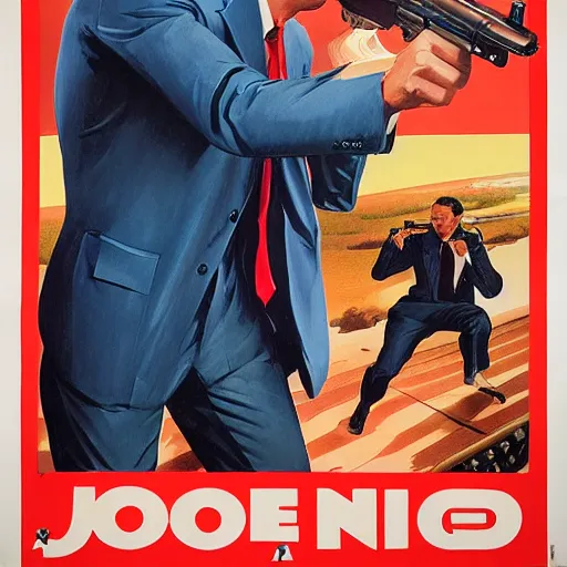 Image similar to propaganda poster of joe biden pointing gun directly at camera in james bond mobie, closeup of gun, visible barrel and grip by j. c. leyendecker, bosch, lisa frank, jon mcnaughton, and beksinski