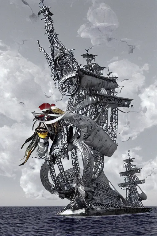 Image similar to a umberto brunelleschi and tsukioka yoshitoshi 3 d render of enormous robotic hands grabbing a pirate ship in the middle of the ocean, 1 9 9 8 render