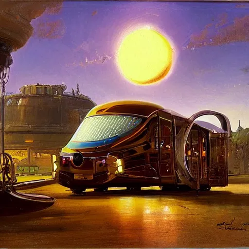 Image similar to painting of syd mead artlilery scifi organic shaped electric bus charging station with ornate metal work lands on a farm, fossil ornaments, volumetric lights, purple sun, andreas achenbach