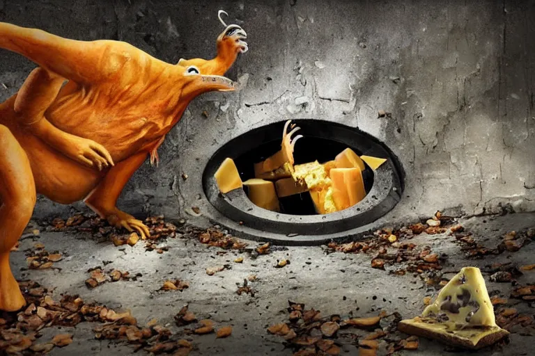 Image similar to a giant mutant disgusting rat eating cheese in a sewer, photograph, terror, horror, mutant, scary,