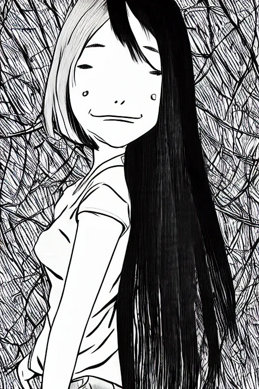Prompt: portrait of a girl in long pants and a top, hands in pockets, eyes closed, bob haircut, digital art, black and white, manga style, by junji ito