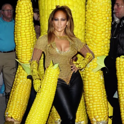 Image similar to full body photo of jennifer lopez, she is wearing a funny kid's hallowen costume of corn on a cob