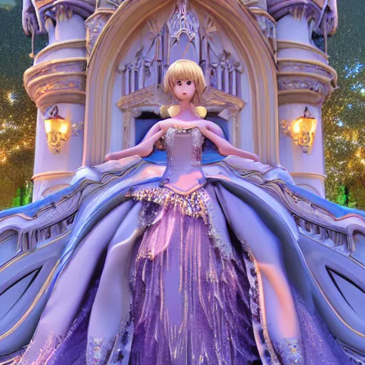 Image similar to a very detailed, ultra-realistic, pleasant, beautiful, funny, smooth 3D CG render, semirealistic anime style, close-up of a gorgeous, cute, gentle, noble priestess magician princess girl wearing dress and jewelry, in a glorious magic kingdom with castle and walls, relaxing calm vibes, fairytale, octane render