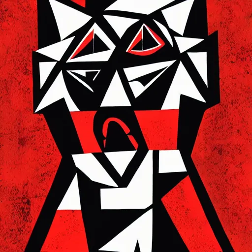 Prompt: broad strokes black and white and red color scheme geometric girl and raven , high quality art in the style of pacific northwest HAIDA art,