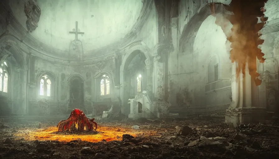 Prompt: hellspawn demonic creatures battle astaroth lovecraftian monsters, in an abandoned church in the vatican, 8 k, soft lighting, hdr, octane render, cinematic, red fluid on walls of the church, smoke, horrific, photorealistic, bokeh