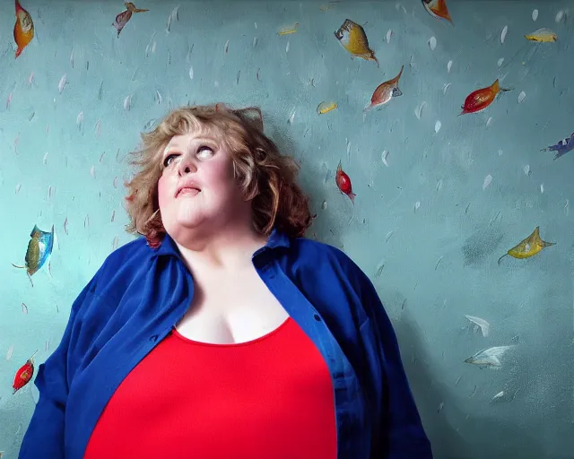 Prompt: an innocent and beautiful scene in hyper realistic style, about an fat old woman, wearing a luxurious jumpsuit, and painting a huge colorful fish on the wall, lighting from the barred window. shadows. 4 k. wide angle. wild. red mouth, blue eyes. deep focus, lovely scene. ambient occlusion render. unreal engine.