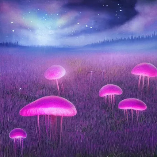 Image similar to field of luminescent pink and blue mycena fungi, emitting spore clouds, midnight, moonlight, fantasy art, mysterious, magical, hyperrealistic, detailed, soft lighting, fireflies