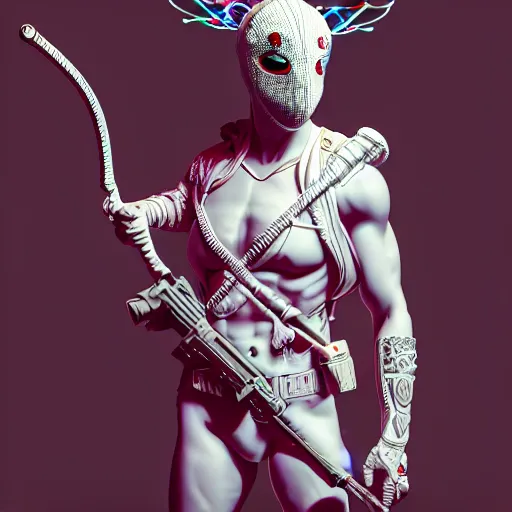 Prompt: cupid wearing balaclava mask, holding a gun an ultrafine hyperdetailed illustration by kim jung gi, irakli nadar, intricate linework, neon wiring, porcelain skin, unreal engine 5 highly rendered, global illumination, radiant light, detailed and intricate environment h 6 4 0