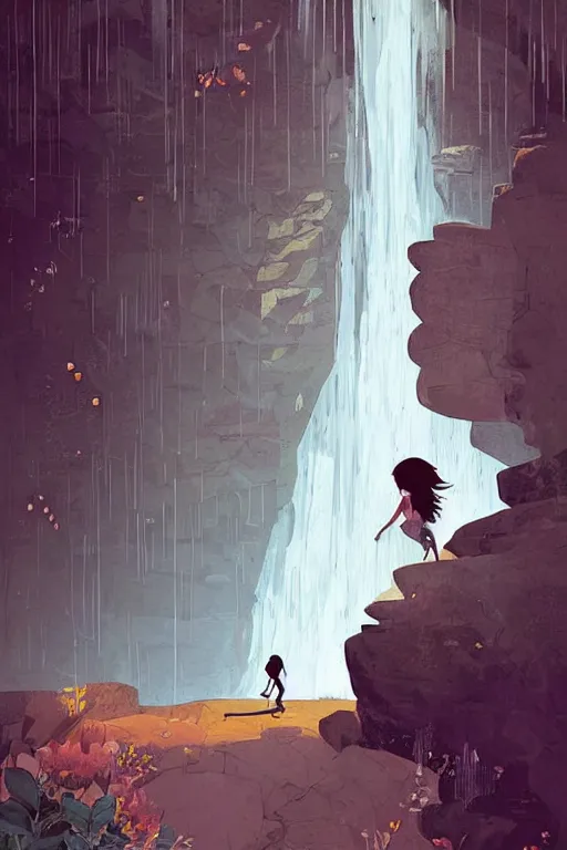 Image similar to a girl pushing a giant wooden door with archaic symbols embedded onto it, in a cave with the waterfall, digital art, illustrated by pascal campion and victo ngai