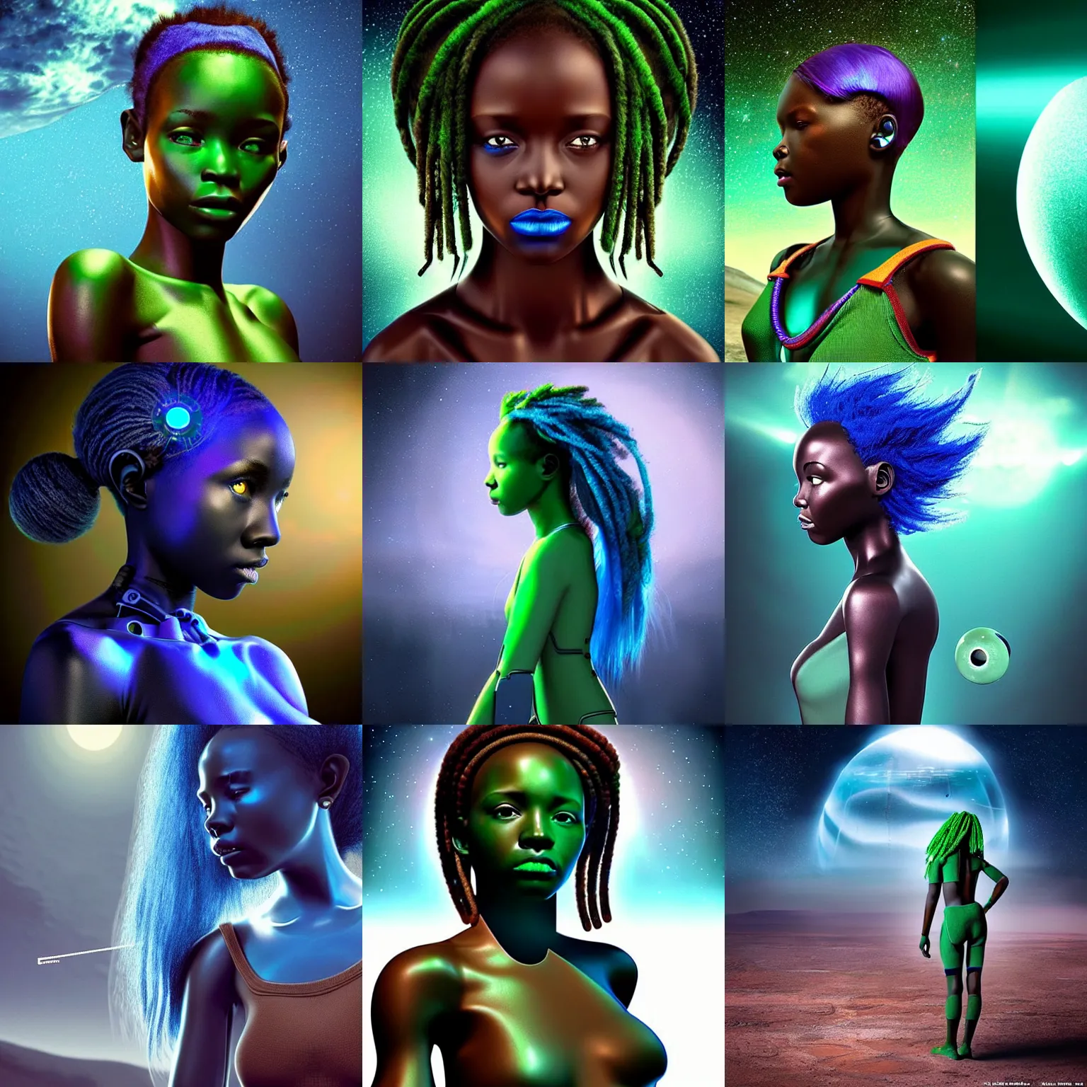 Prompt: hyperrealistic scifi concept art photograph, beautiful futuristic himba girl, robotic arms, blue hair, weightless, dark green space station