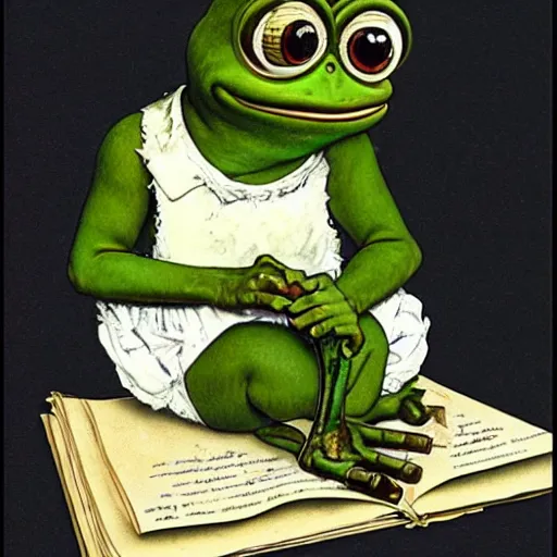 Image similar to pepe the frog writing a letter by norman rockwell